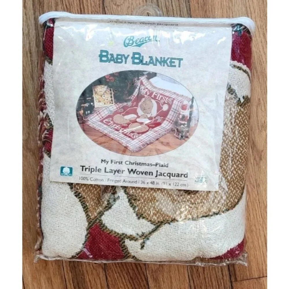 Vintage Beacon “My First Christmas” Blanket Triple Layer Woven Jacquard 36x48